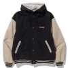 HOODED VARSITY DENIM JACKET