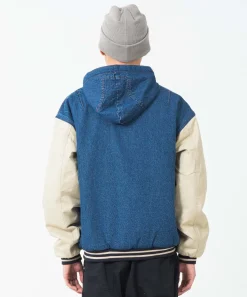 HOODED VARSITY DENIM JACKET